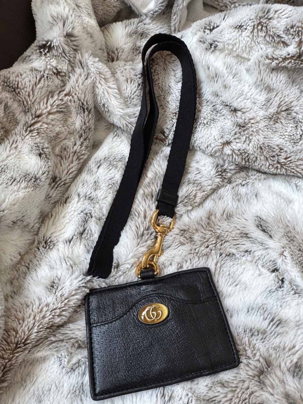 Gucci Black Leather Card Case with Gold Double G Emblem and Lanyard Style Strap